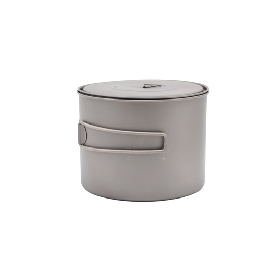 A gray TOAKS Titanium 1300ml Pot with a lid and a handle, against a white background.