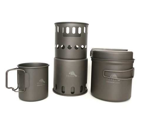 Includes full-size wood stove, large pot/pan set, and 450 mL cup