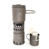 Basic set-up of combo set: 1100 mL pot stacked atop wood stove